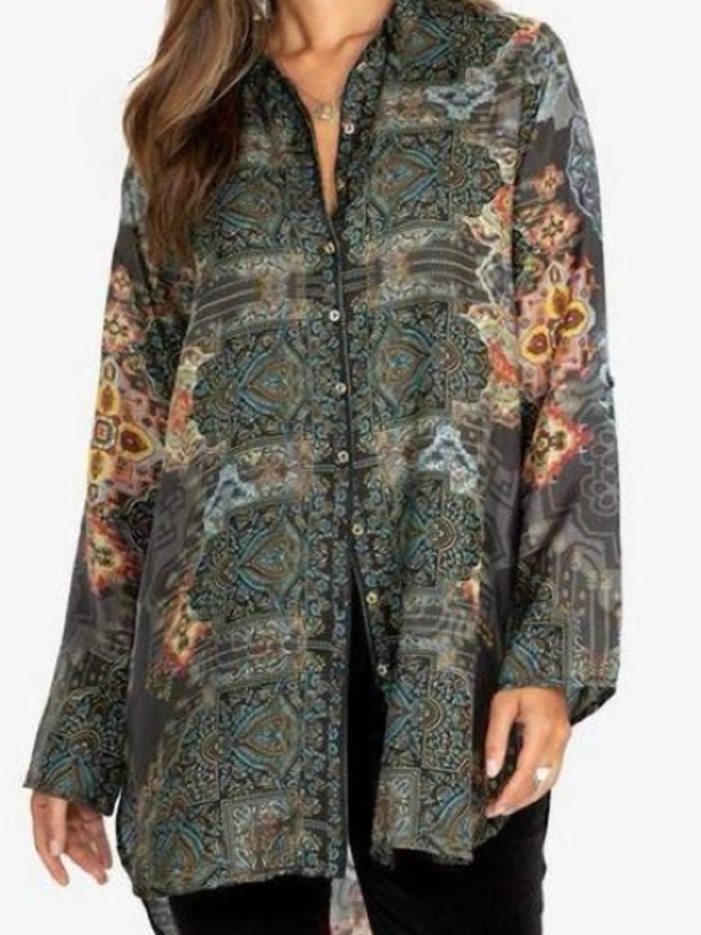 Johnny Was Mumbai Della 100% Silk Boho Tunic Blouse Multicolor XL Autumnal